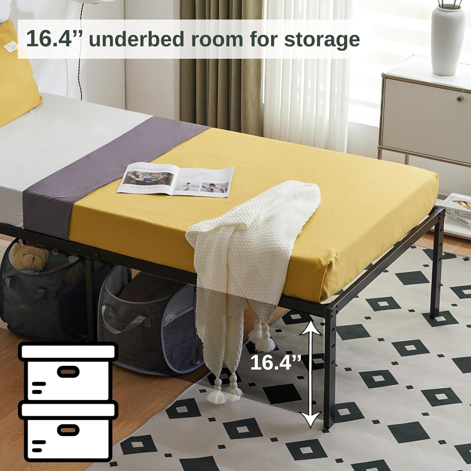 con cabecero y pie de cama, marco de cama de plataforma de metal de 14 pulgadas, almacenamiento debajo de la cama, soporte de listones de metal fuerte, base de colchón No se necesita somier